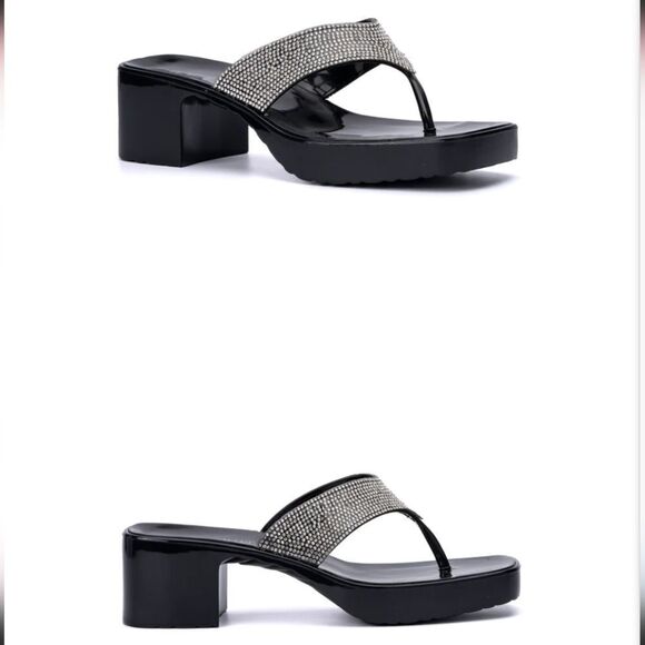 BRAND NEW ROUGE  RHINESTONES EMBELLISHMENTS SQUARE TOE SLIP-ON BLOCK SANDAL - Picture 1 of 15